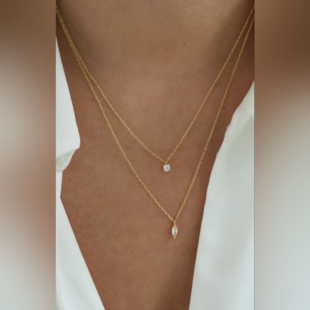 Layered 18K Gold Plate Sterling Silver Cubic Zirconia Pendant Necklace